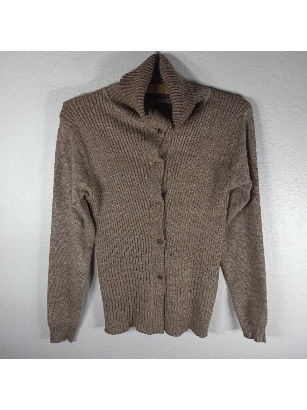 Cider Brown Marled Button Front Ribbed Cardigan Sweater Turtleneck Size XS